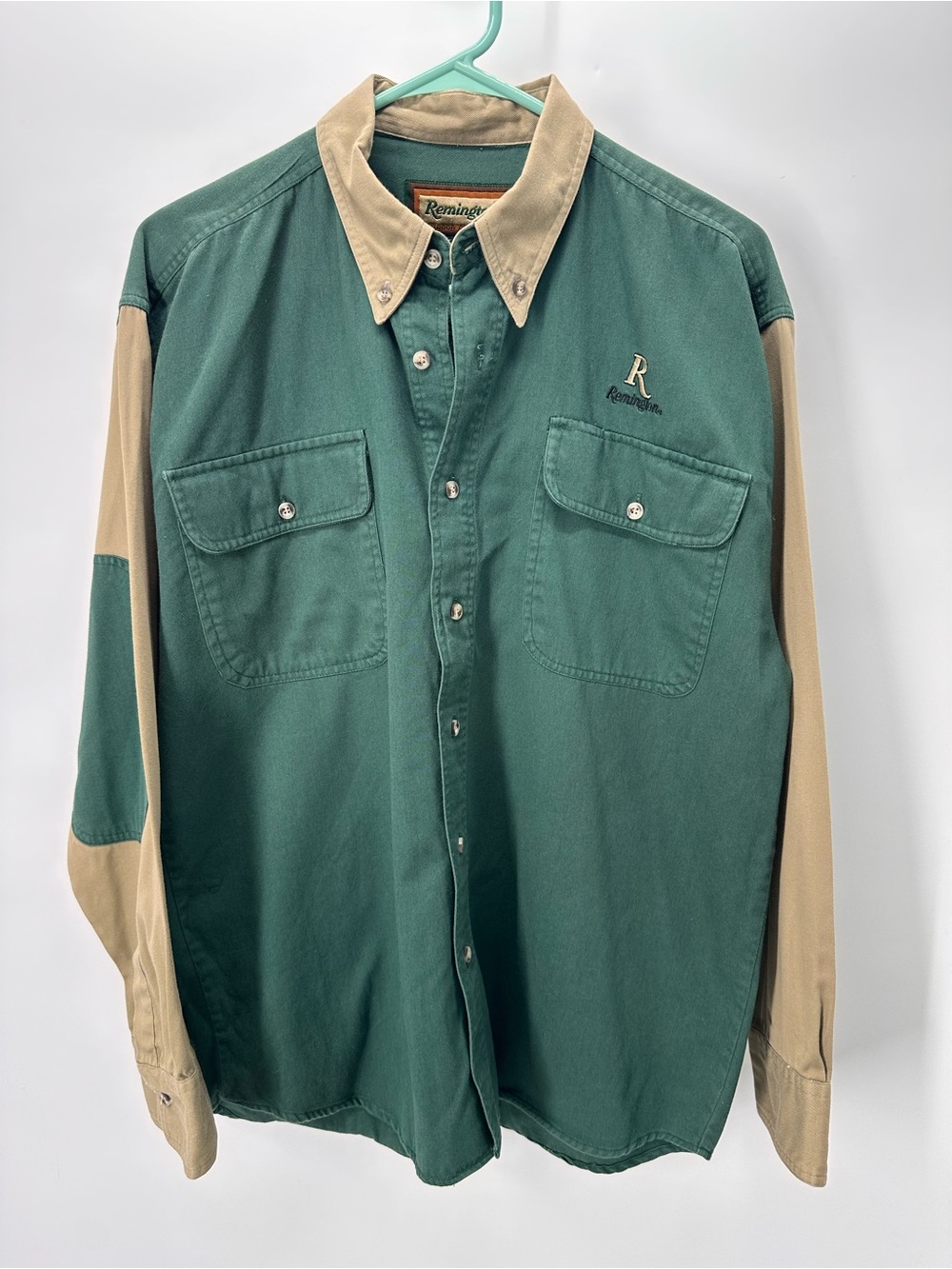 Vintage Remington Green & Khaki Button Up with Contrast Sleeves & embroidery